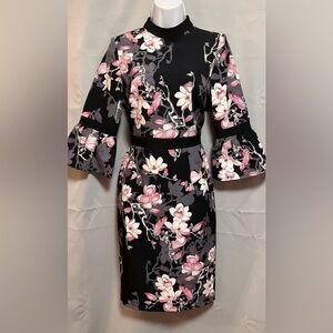 Paper Dolls High Neck 3/4 Sleeve Floral Print Dress Black Sz 6 (UK 10)